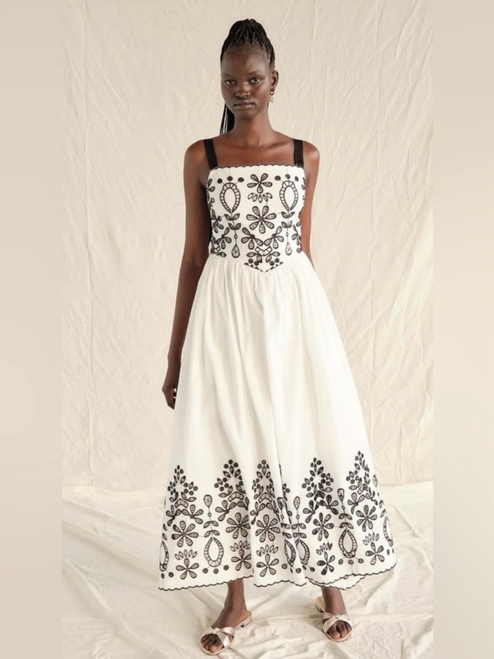 SAYLOR White Maxi Dress with Black Floral Embroidery and Straps